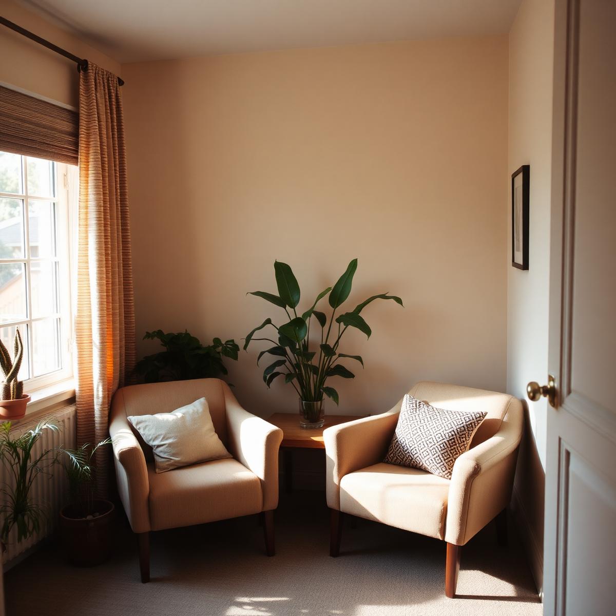 Counseling space with two soft armchairs, plants, and natural window light