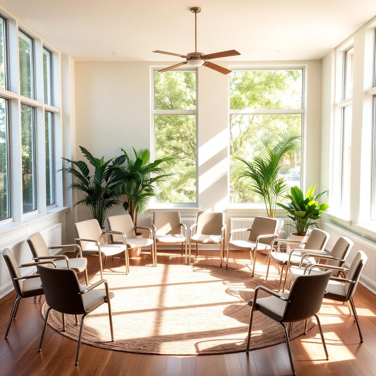 Sunlit gathering room with a circle of comfortable chairs and tall windows