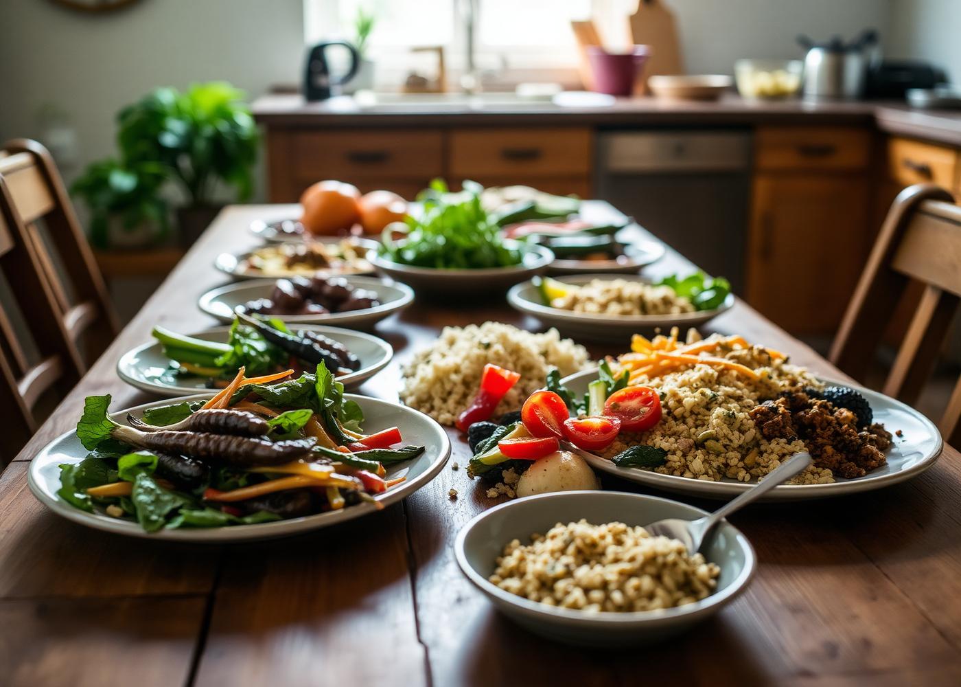 Fresh, home-cooked meals of vegetables and grains served on a communal wooden dining table